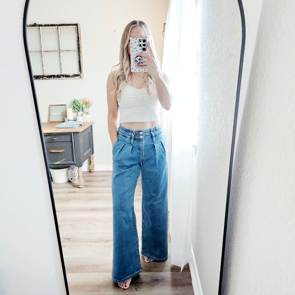 Risen MR Medium Wash Wide Leg Jeans Pleated Double Button Retro 80's Various NEW